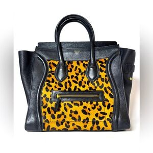 Celine Vintage Leopard Print Pony hair & Leather Mini Luggage Tote w COA
